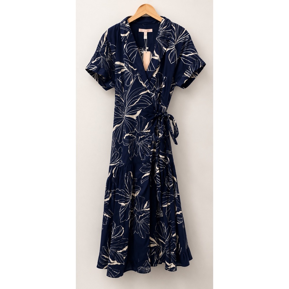 Hutch Floral Wrap Midi Dress Womens Large Navy Blue NEW 10735 Tiered Cotton